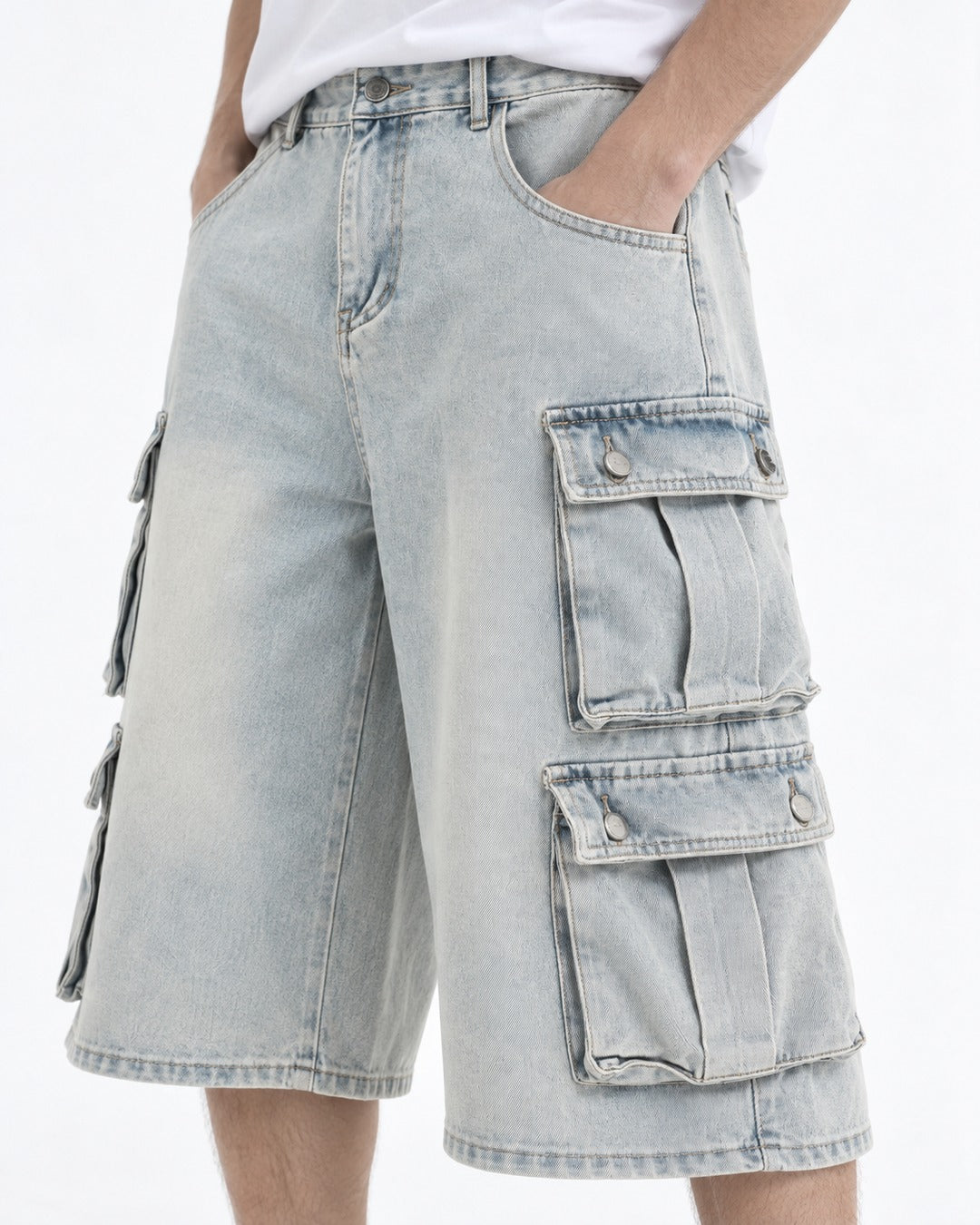 Washed Denim Double Flap Cargo Shorts