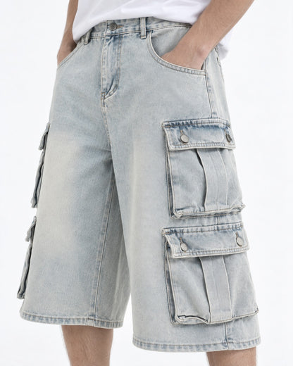 Washed Denim Double Flap Cargo Shorts