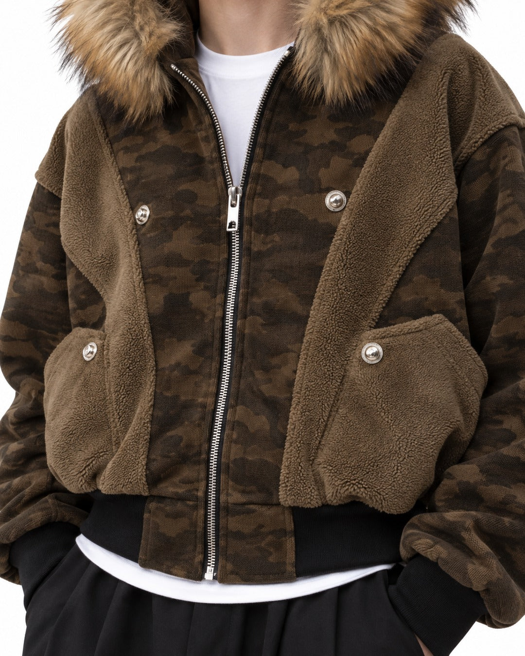 Camouflage Panelled Hooded Bomber with Fur Trim
