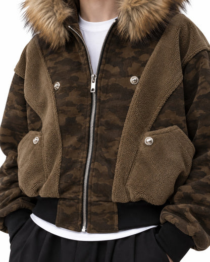 Camouflage Panelled Hooded Bomber with Fur Trim