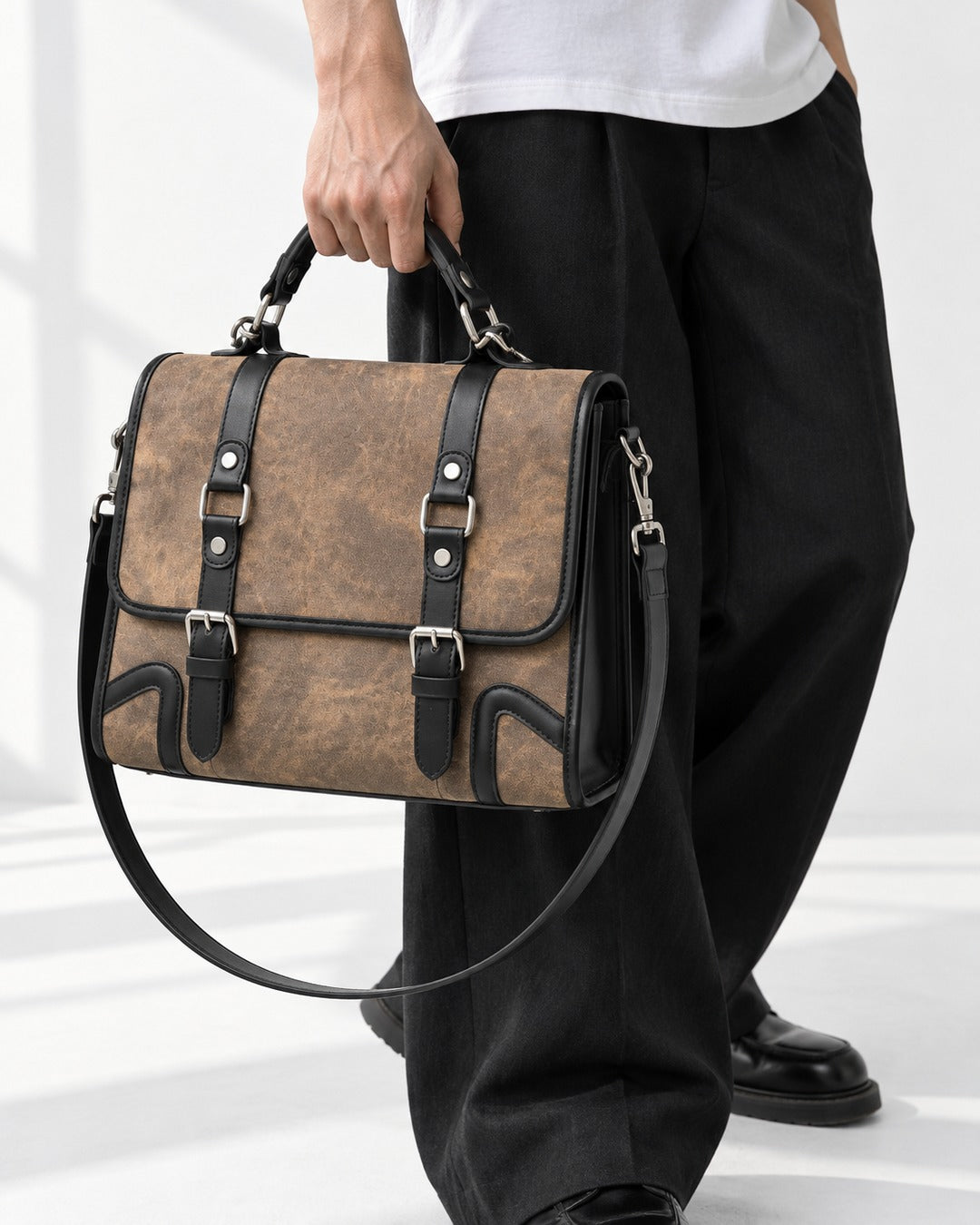 Distressed Buckle Satchel Bag