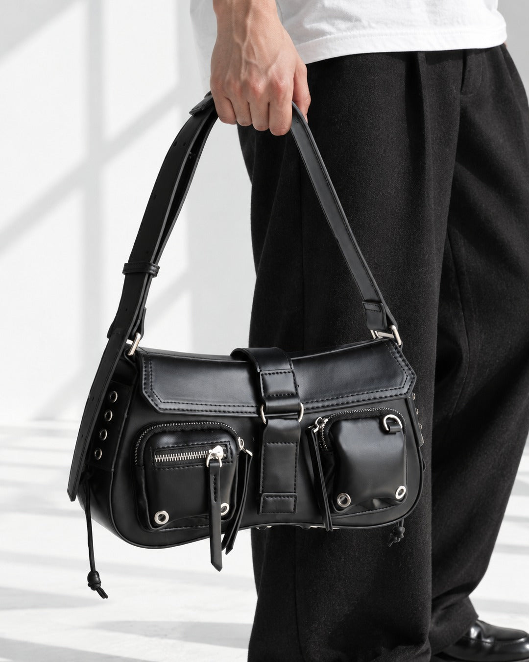 Eyelet-Pocket Biker Shoulder Bag
