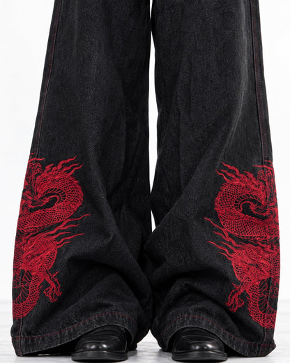Red Dragon Embroidered Denim Pants