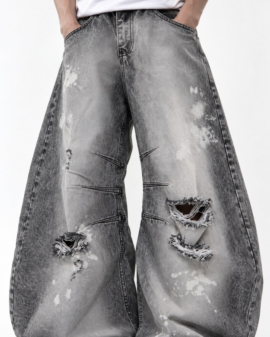 Gray Acid-Wash Ripped Wide-Leg Jeans