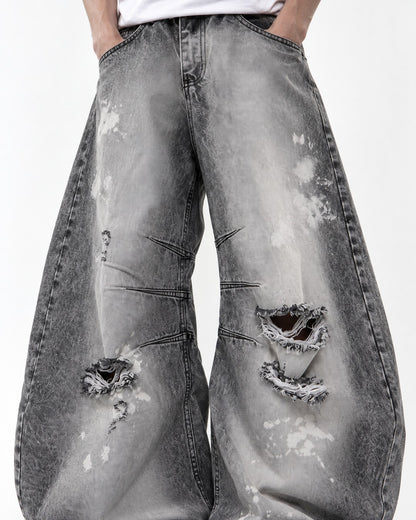 Gray Acid-Wash Ripped Wide-Leg Jeans