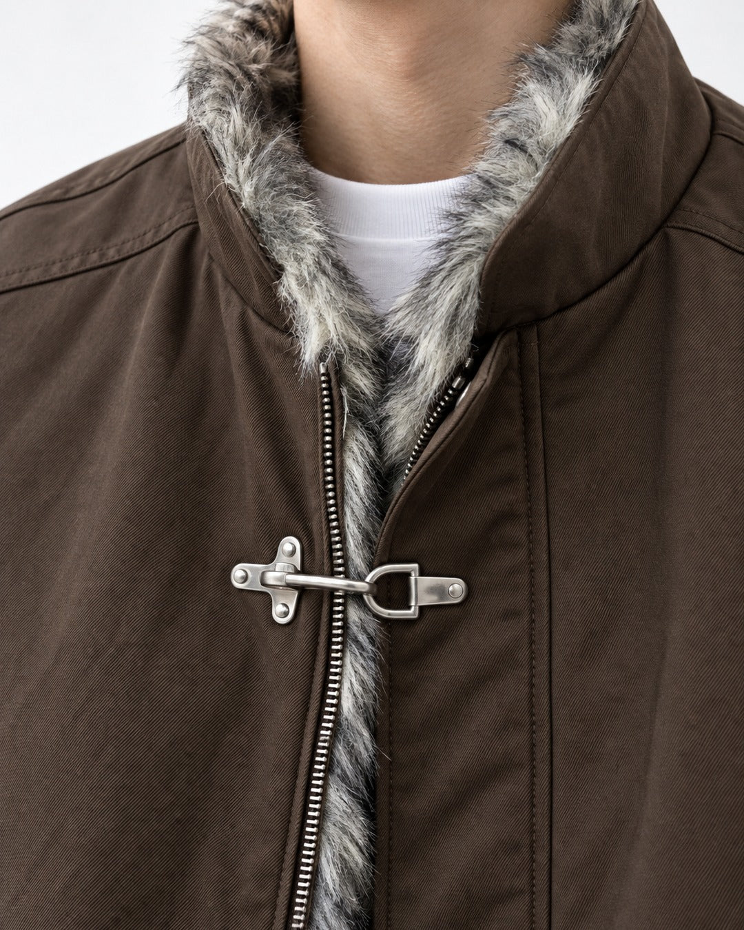 Hook Clasp Fur Collar Bomber Jacket