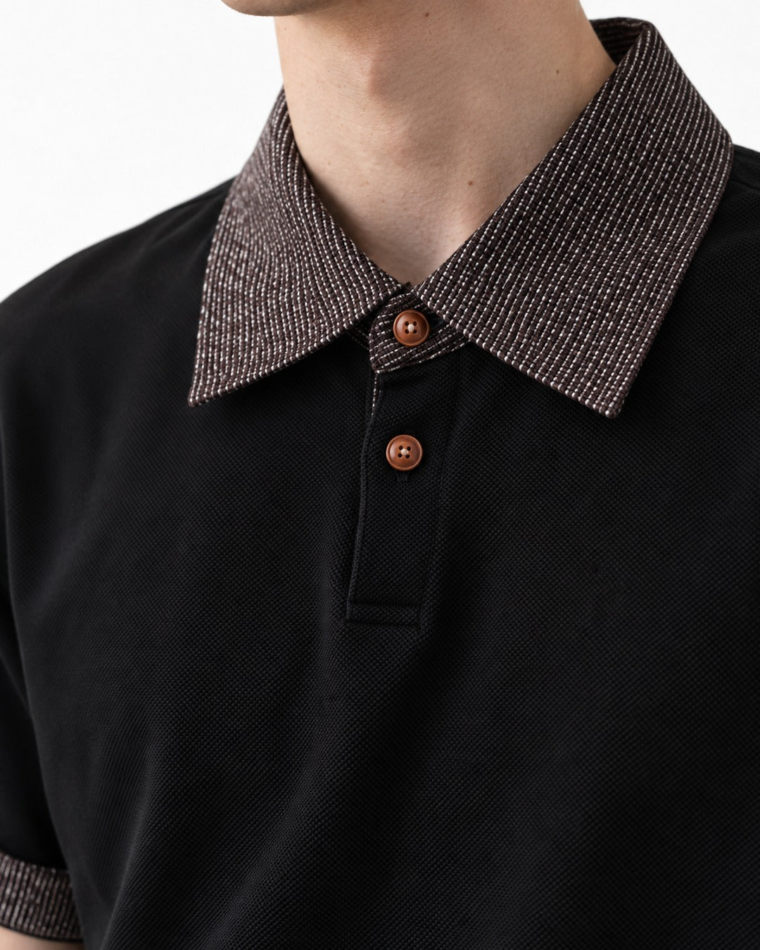 Woven Collar Patchwork Polo Shirt