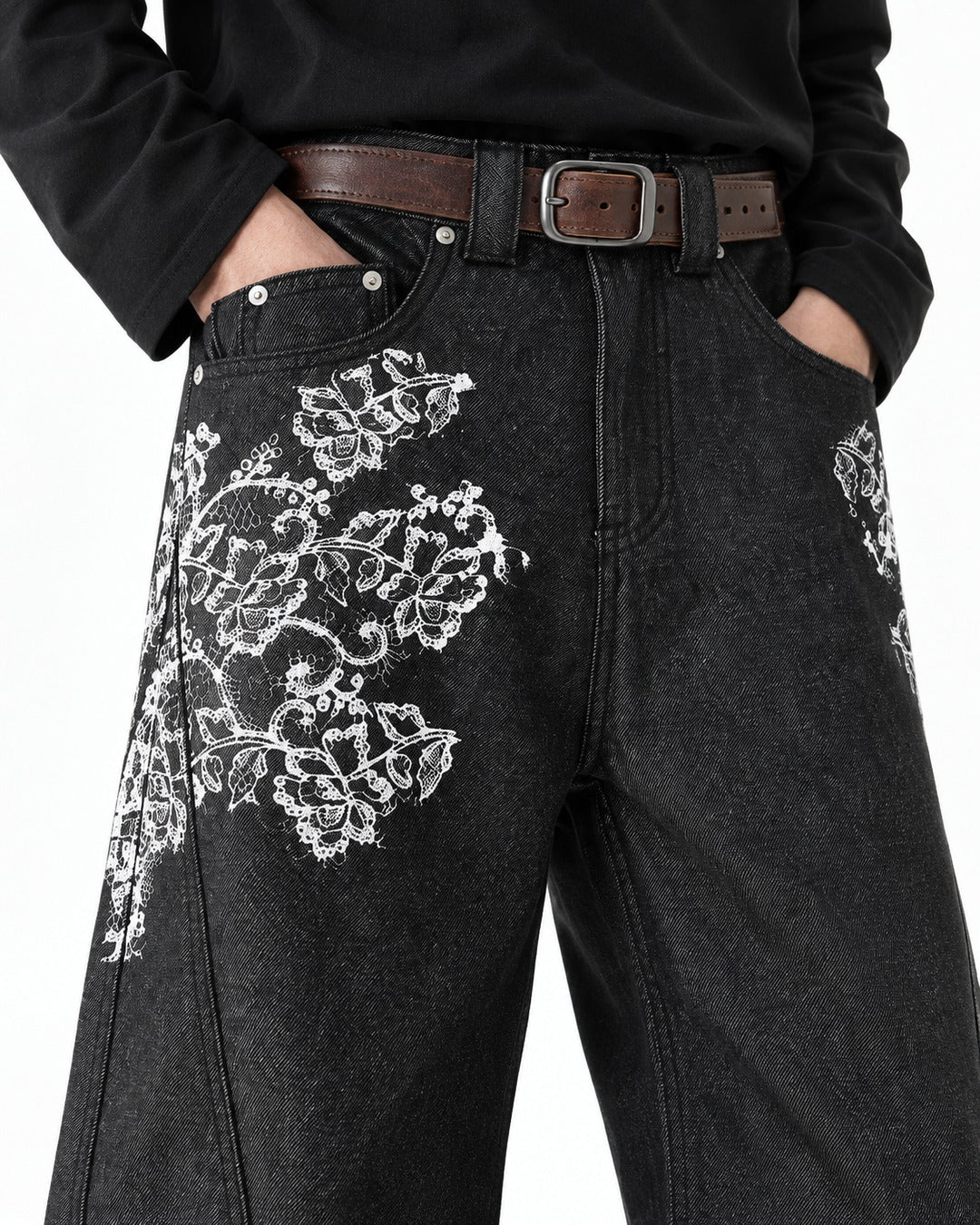 Lace-Print Black Wide-Leg Denim