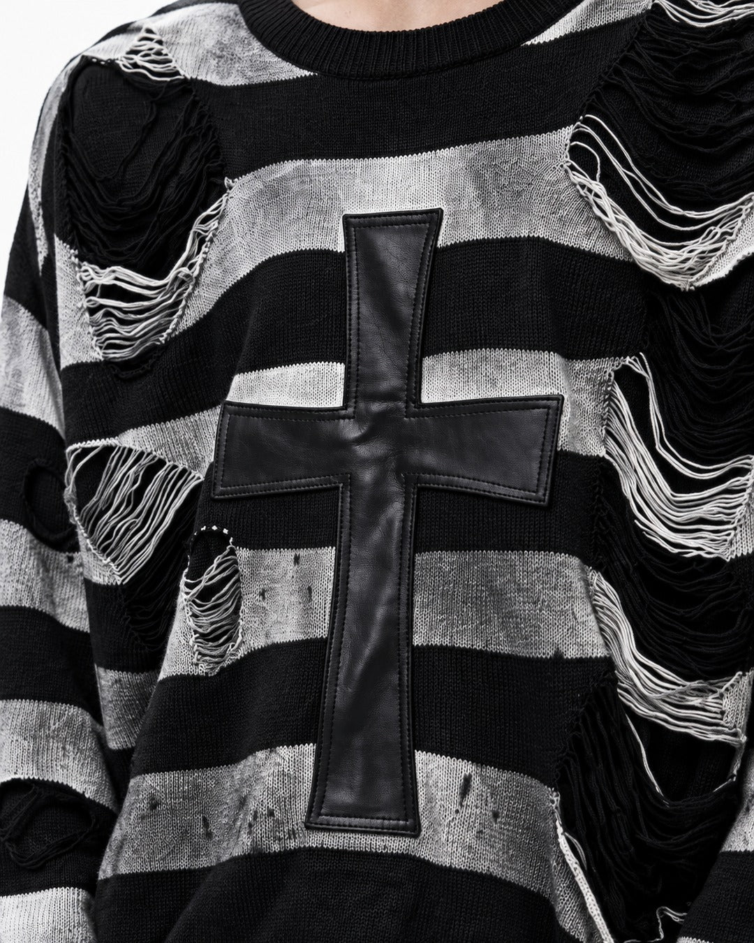 Cross Patch Distressed Stripe Sweater