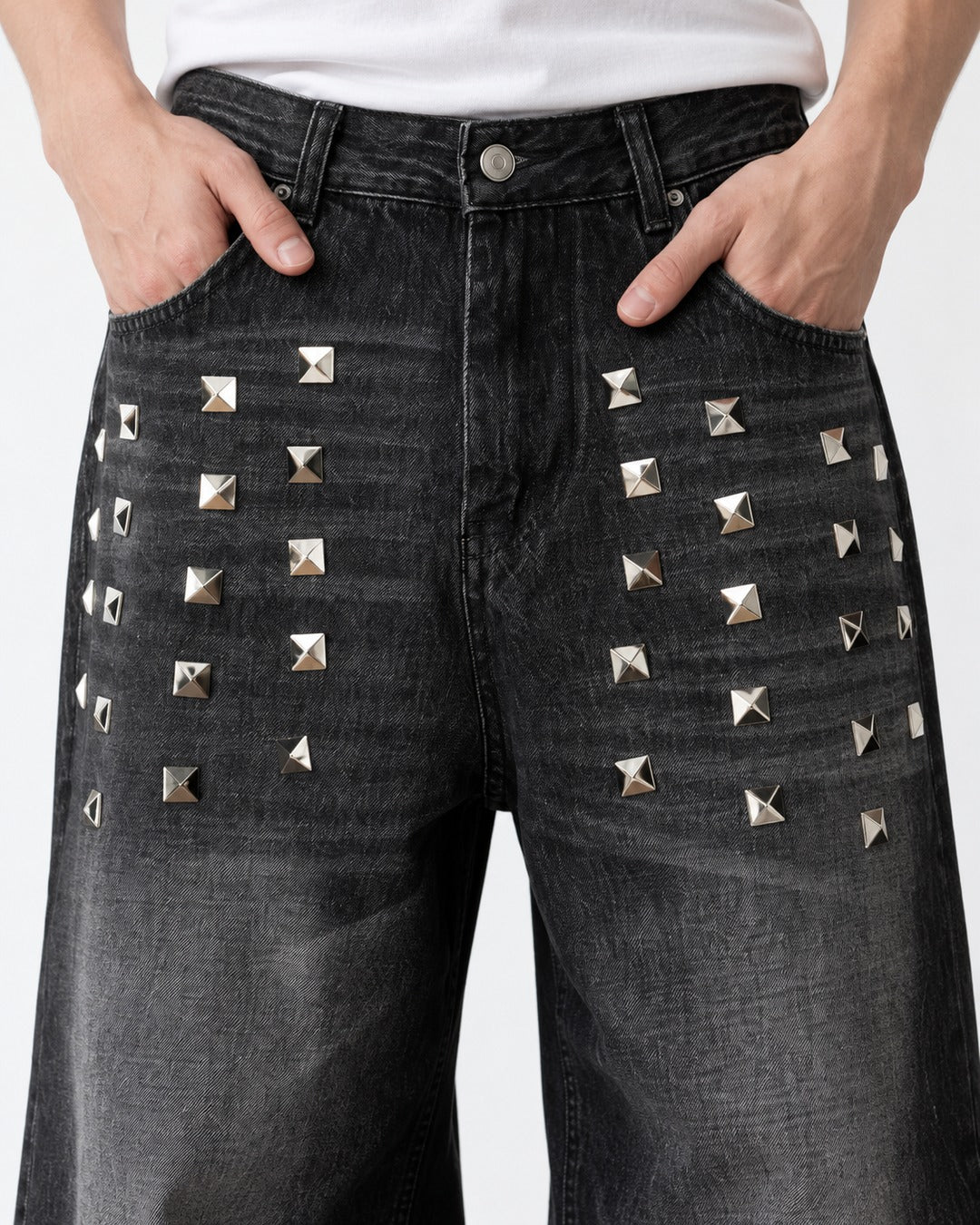 Studded Distressed Wide Jeans
