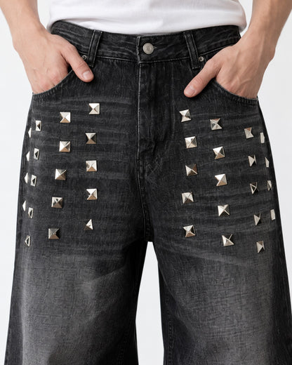 Studded Distressed Wide Jeans