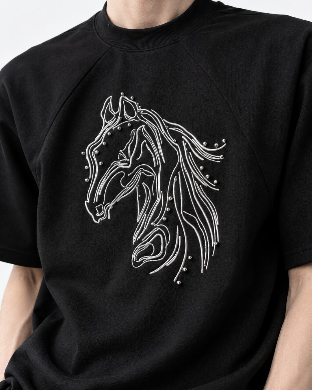 Horse Head Embroidered Mock-Neck T-Shirt