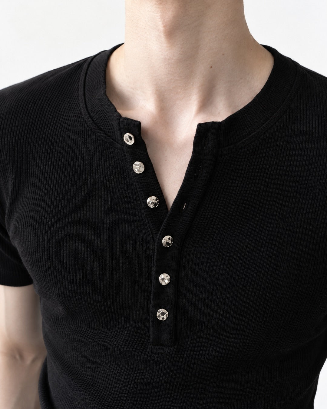 Ribbed Henley Tee with Metal Buttons