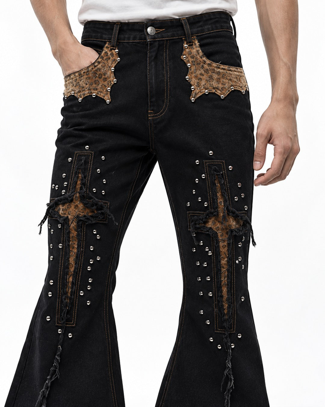 Studded Cross Patch Flared Jeans