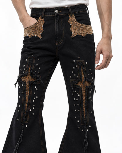 Studded Cross Patch Flared Jeans