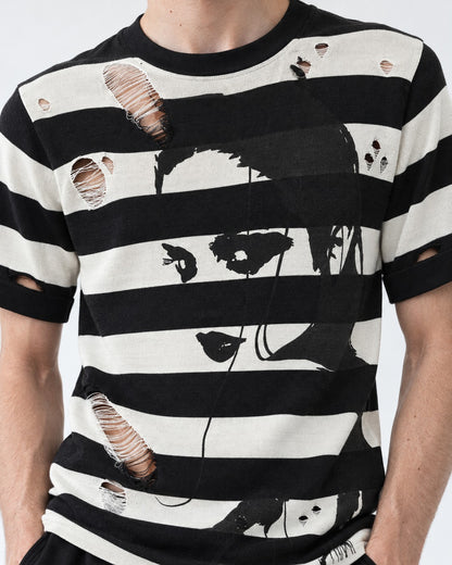 Torn Striped Portrait Print Knit Tee