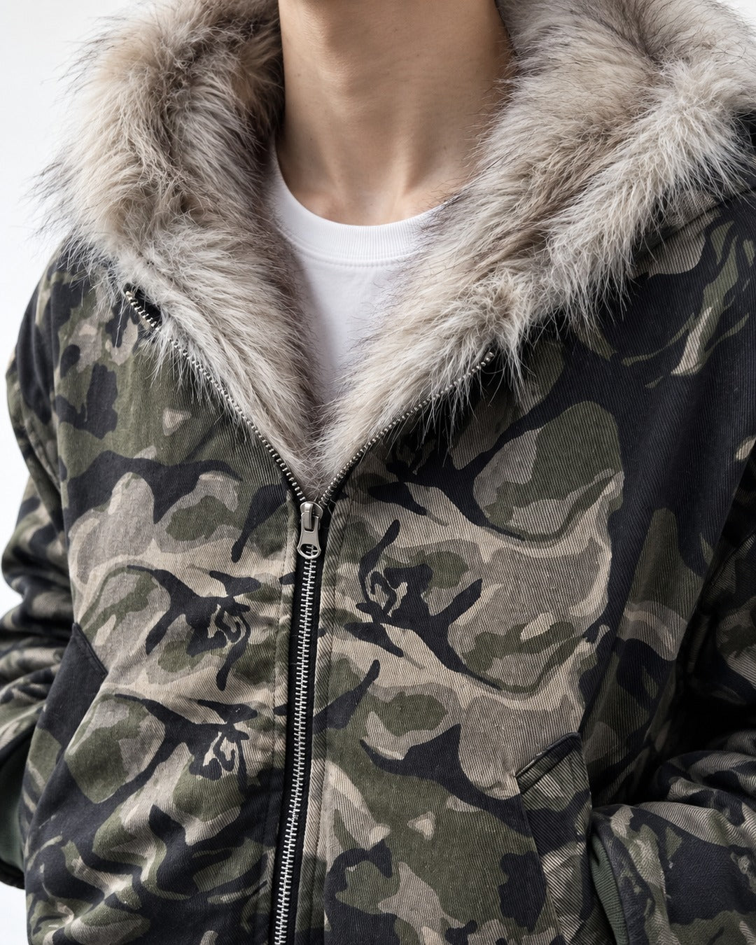 Camouflage Fur-Lined Hooded Bomber Jacket