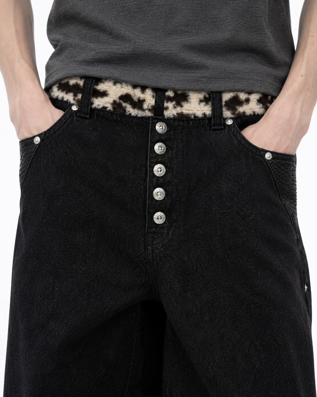 Leopard Waist Button Fly Wide Black Jeans