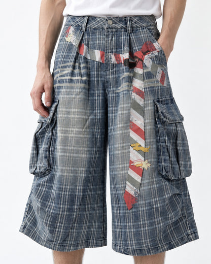 Washed Plaid Cargo Shorts with Tie Detail