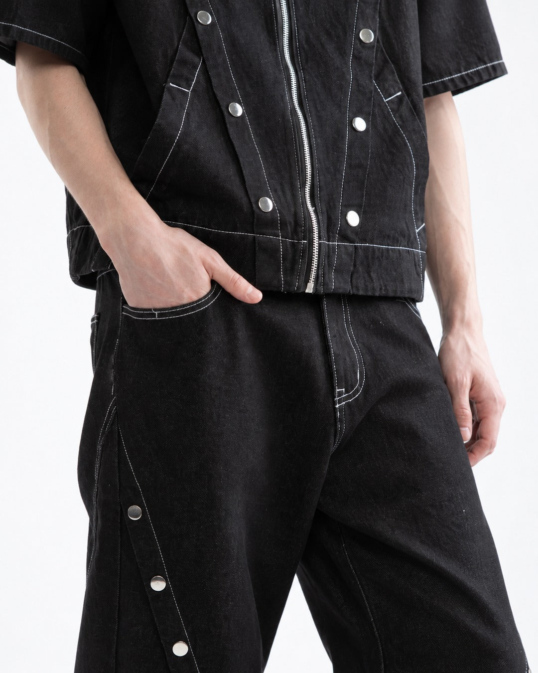 Multi-Button Contrast Stitching Denim Suit Set-Up