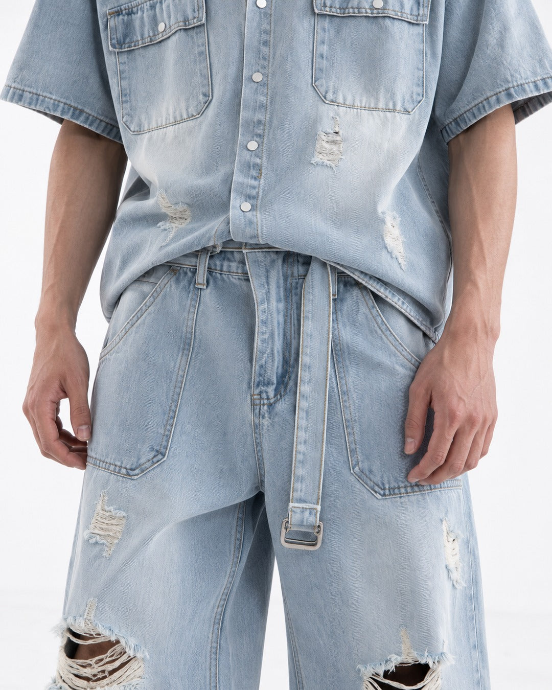 Faded Denim Shirt and Ripped Wide-Leg Jeans Set-Up