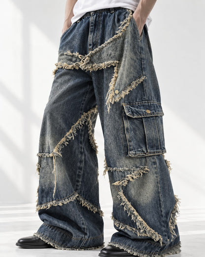 Star Patch Frayed Cargo Wide-Leg Jeans