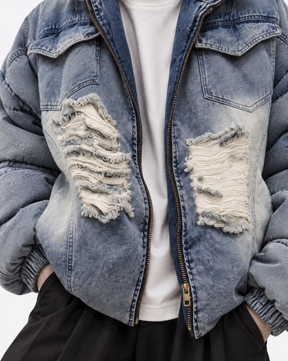 Ripped Patch Denim Puffer Jacket