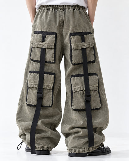 Washed Strap-Pocket Wide Cargo Pants