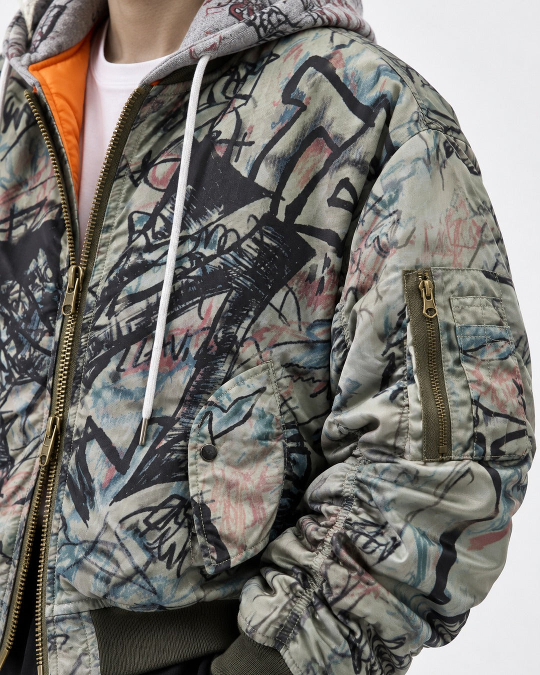 Graffiti Print Hooded Bomber Jacket