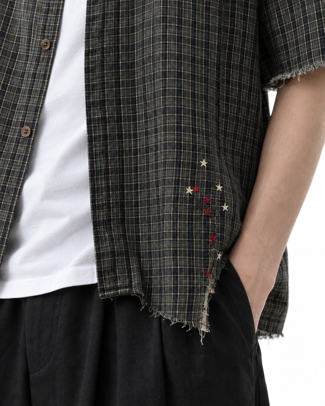 Frayed Hem Faded Plaid Short Sleeve Shirt