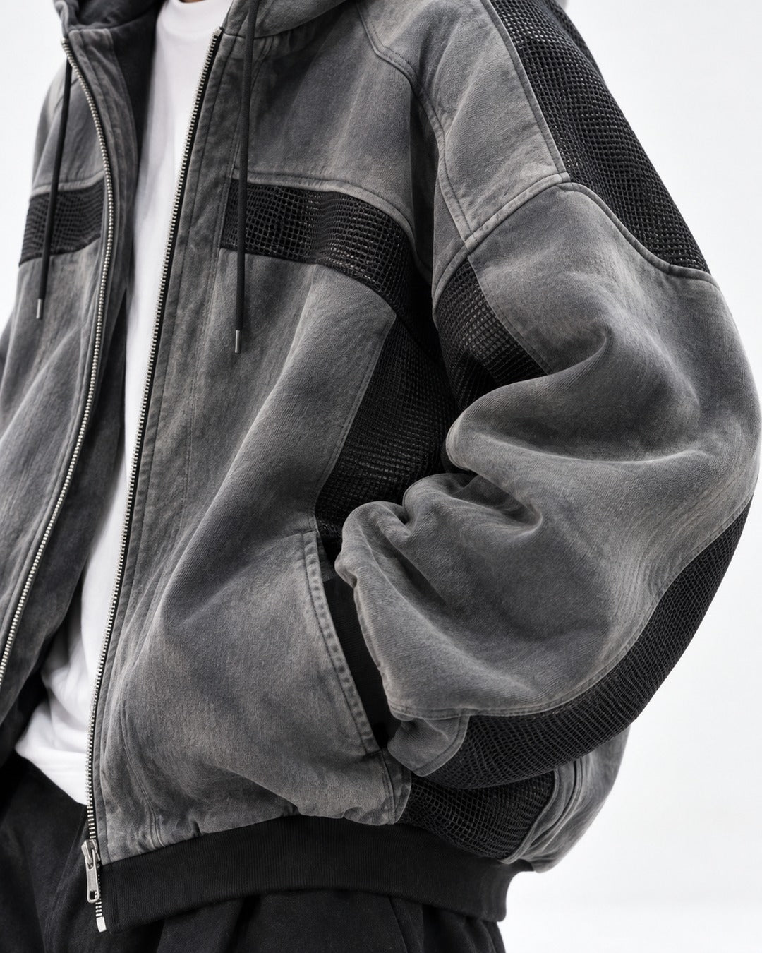 Washed Paneled Hooded Zip Jacket