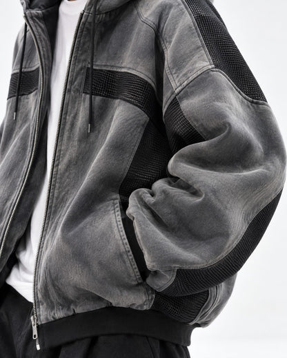 Washed Paneled Hooded Zip Jacket