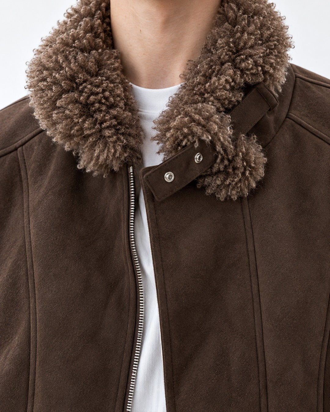 Shearling Collar Suede-Look Bomber Jacket