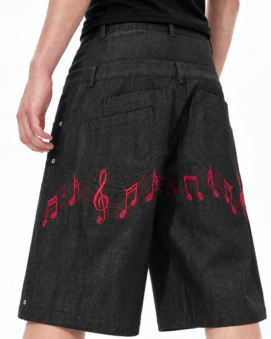 Music Note Embroidered Studded Denim Shorts