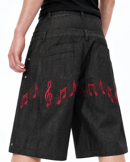 Music Note Embroidered Studded Denim Shorts