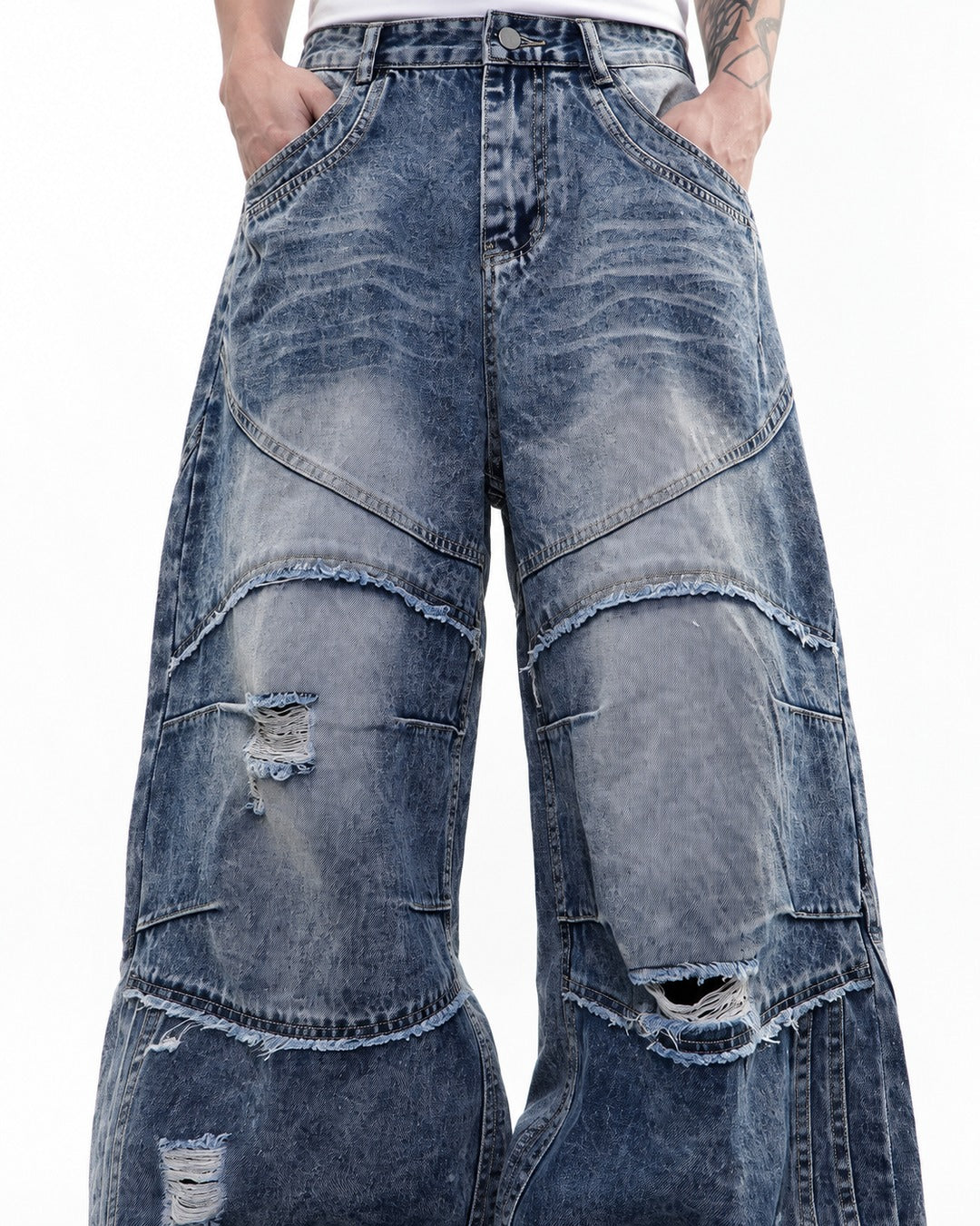 Stacked-Panel Frayed Blue Wide-Leg Jeans