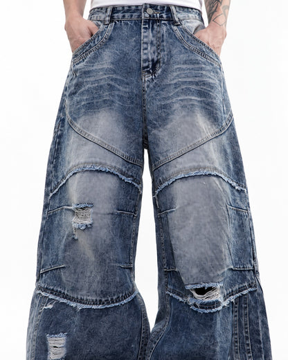Stacked-Panel Frayed Blue Wide-Leg Jeans