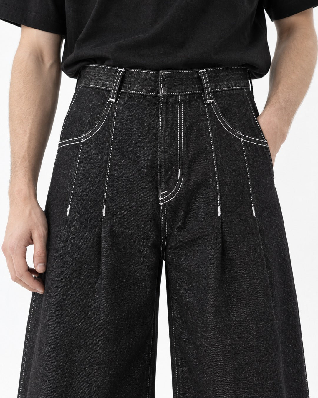 Double-Pleated Wide Denim Pants