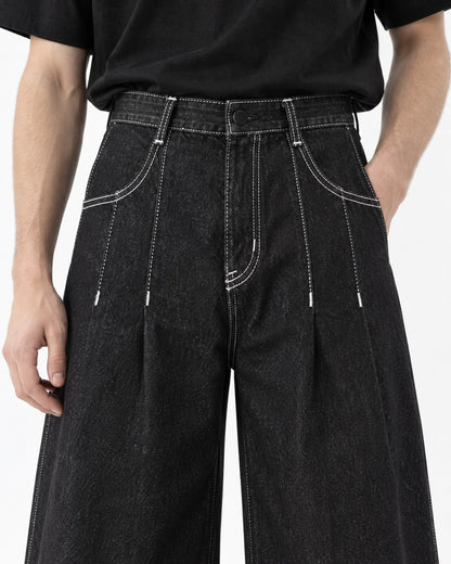 Double-Pleated Wide Denim Pants