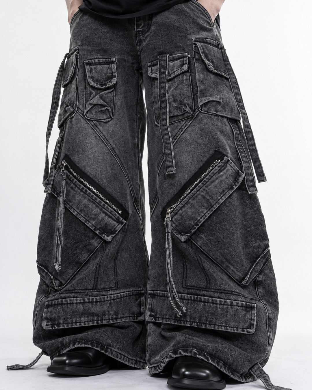 Strap Pocket Washed Wide-Leg Jeans