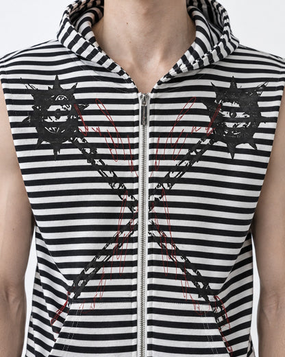 Striped Zip Hooded Vest with Spiked Chain Print