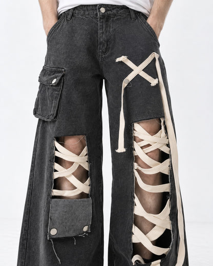 Crisscross Lace Cutout Cargo Jeans