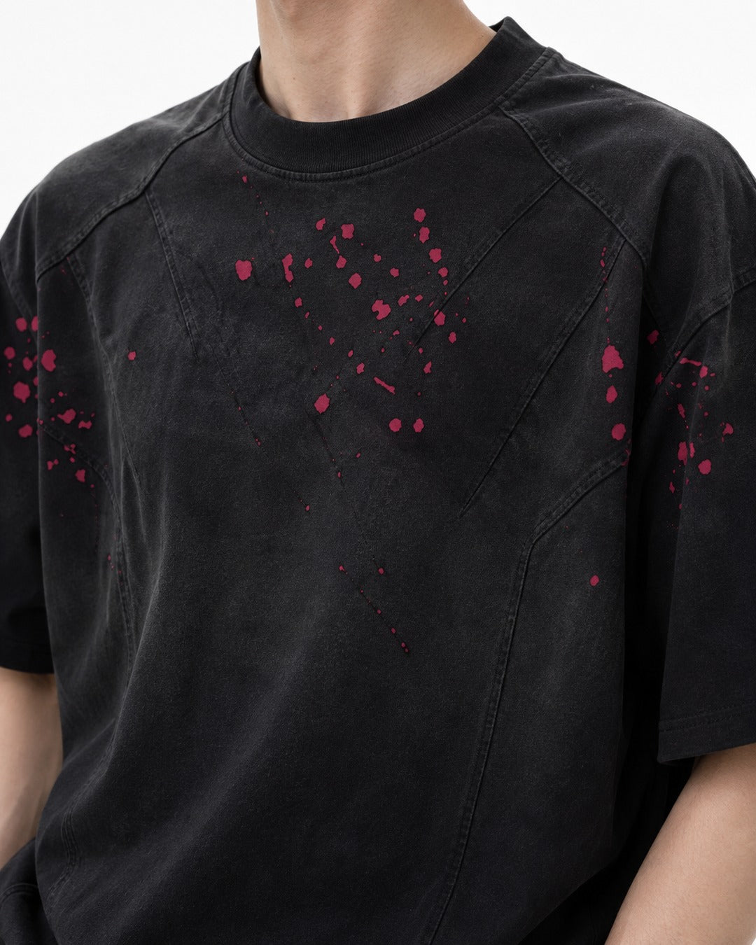 Red Splatter Seamed Black T-Shirt