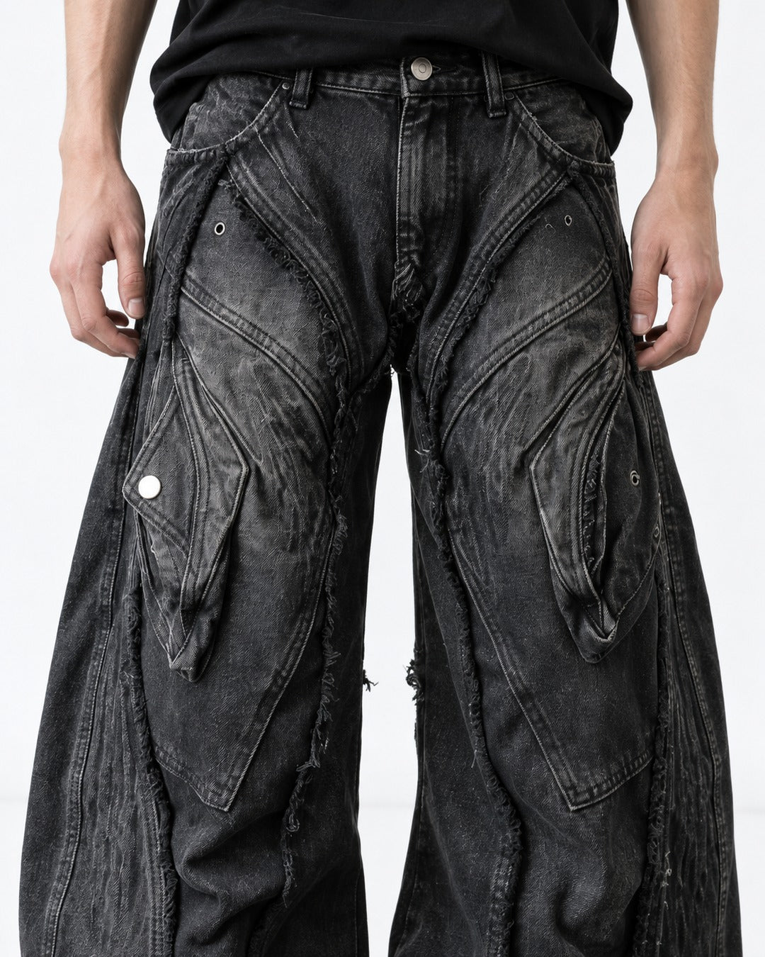 Raw-Edge Curved-Pocket Wide Denim