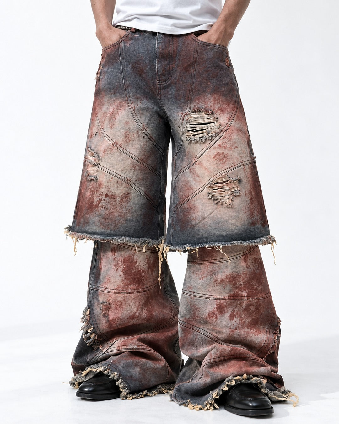 Rust Washed Layered Hem Jeans