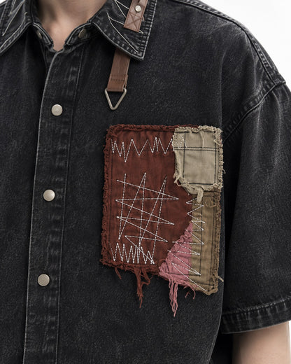 Washed Denim Patchwork Short-Sleeve Shirt