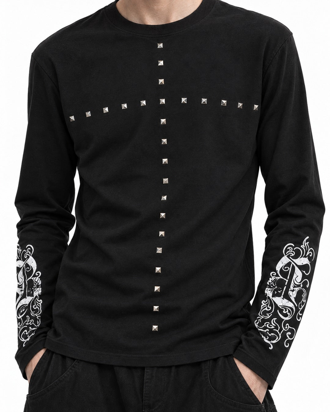 Studded Cross Print Sleeve Long Sleeve Tee