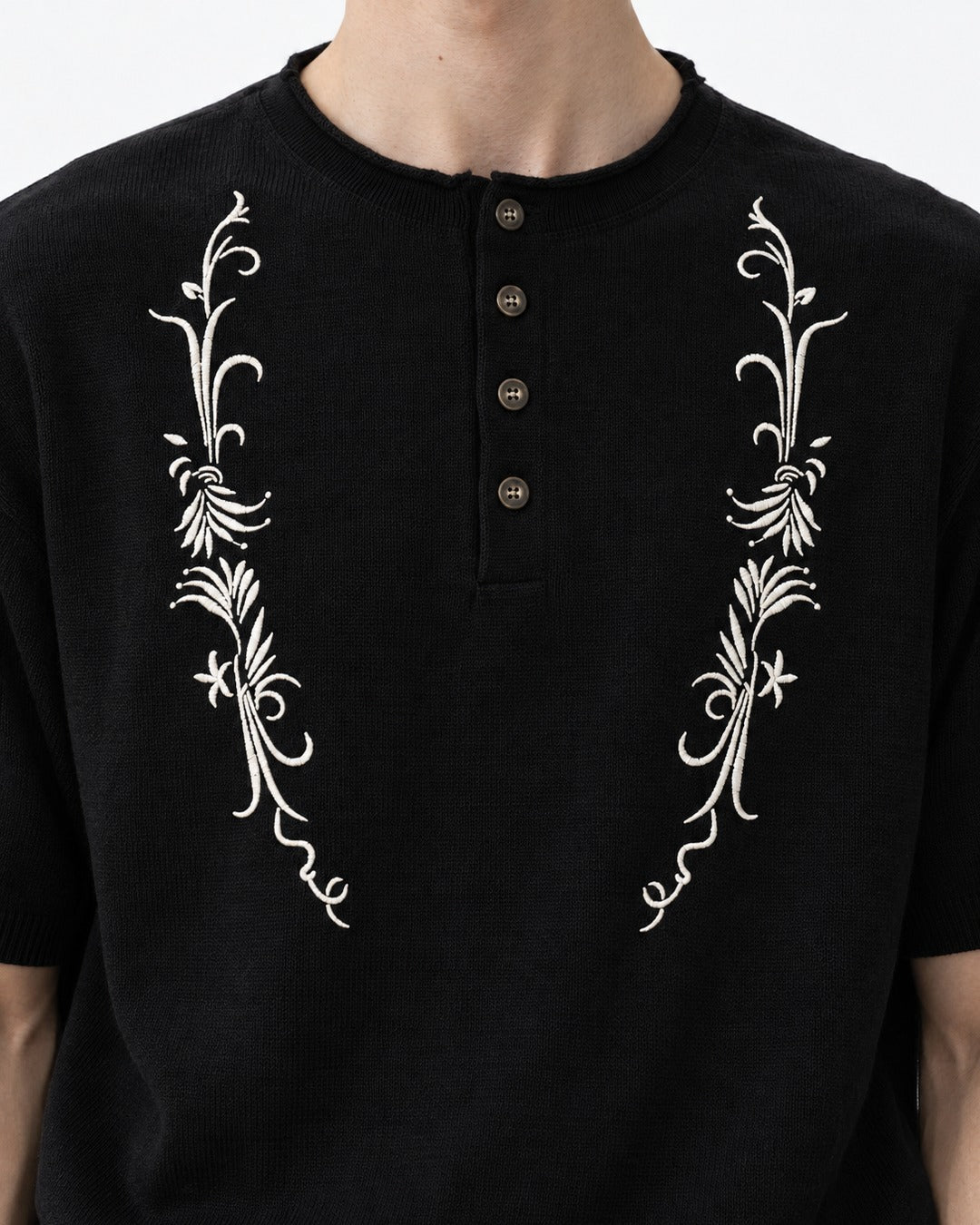 Vine Embroidered Henley Knit Top