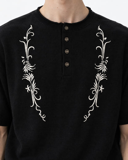 Vine Embroidered Henley Knit Top