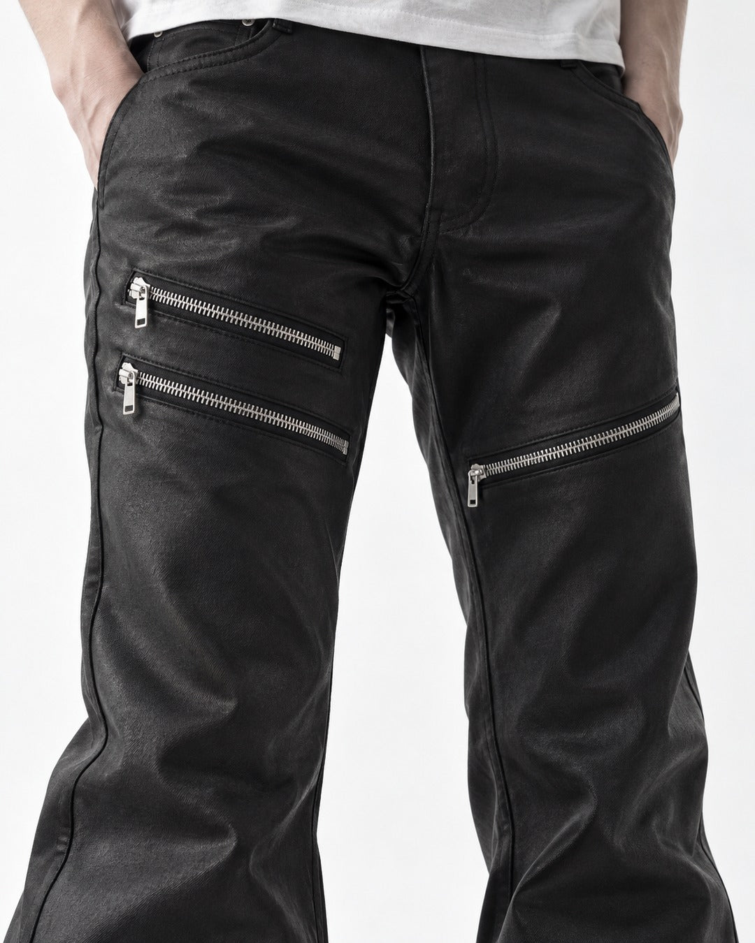Zip Detail Flared Coated Pants